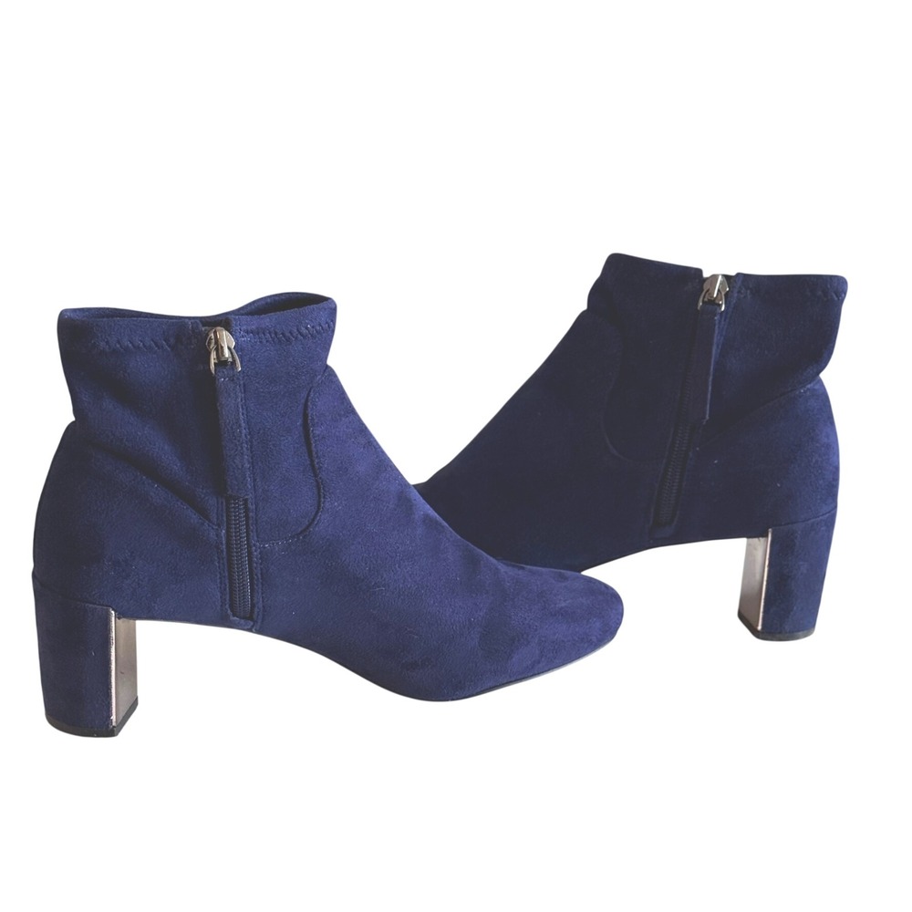 Nine West Navy Blue Faux Suede Metallic Block Heel Ankle Booties Size 8M
